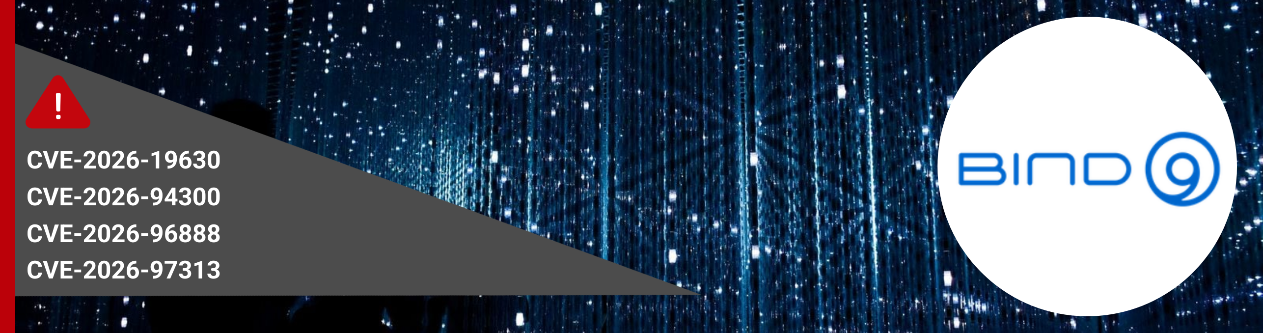 Attēlā Bind 9 logo un CVE kodi